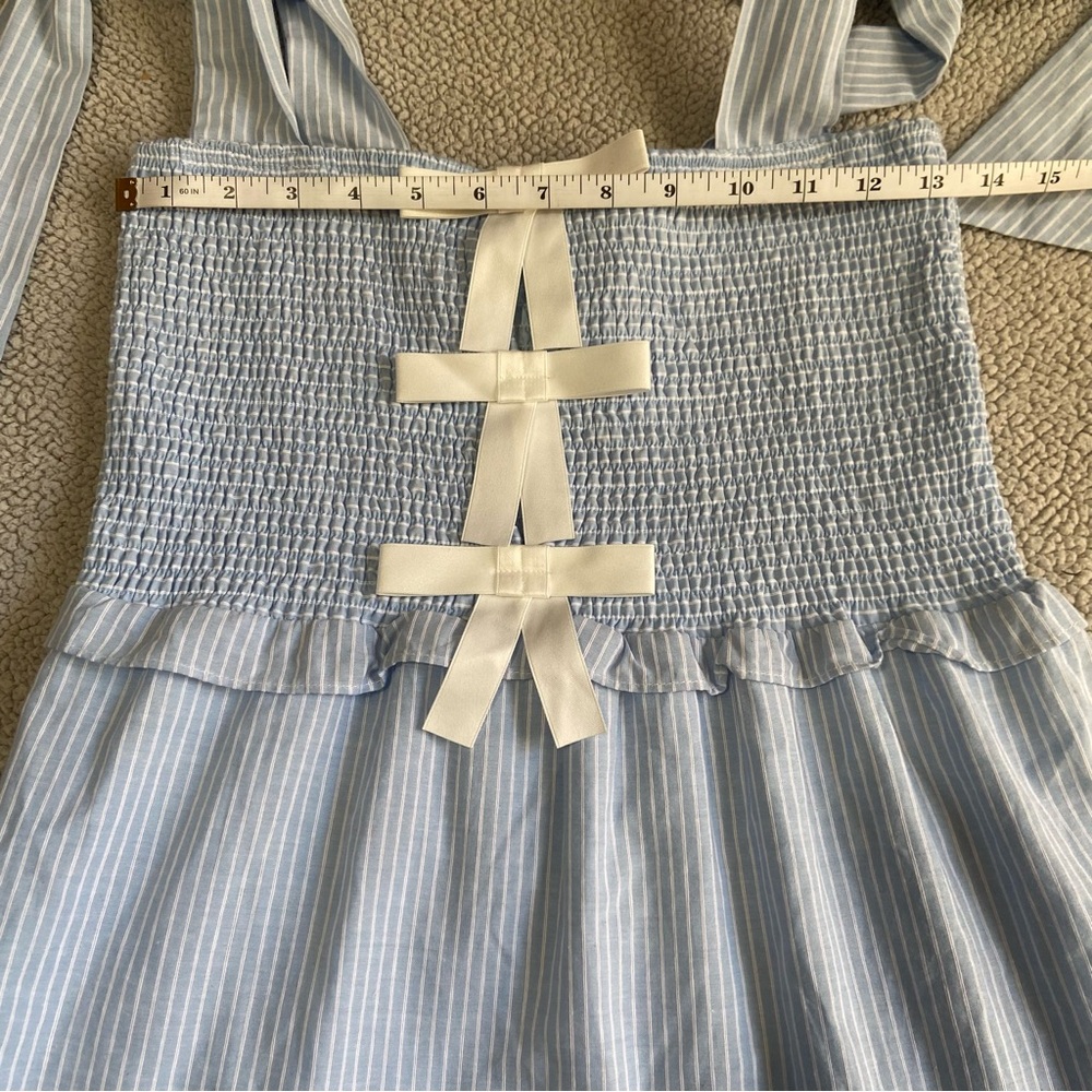 NWOT Sister Jane Kansas Blue Striped Tiered Smocked Tie-Strap Bow Midi Dress - Picture 8 of 10